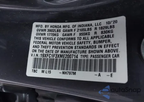 2021 Honda Civic Ex из США, поврежденный, VIN 19XFC1F3XME200714